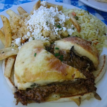 Georges Greek On Second - Mousaka with garlic fries and pilaf - Greek Near Me - Long Beach, California Georges Greek On Second - Mousaka with garlic fries and pilaf - Greek Near Me - Long Beach, California