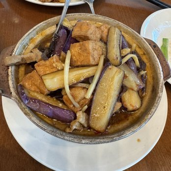 N’Joy Cafe - Sichuan eggplant, minced pork, fried tofu(added) clay pot - Chinese Near Me - Elk Grove, California