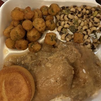 Annie Laura's Kitchen - Smothered pork chops over rice with fried okra black eyed peas and cornbread muffin. - Southern Near Me - Riverdale, Georgia Annie Laura's Kitchen - Smothered pork chops over rice with fried okra black eyed peas and cornbread muffin. - Southern Near Me - Riverdale, Georgia