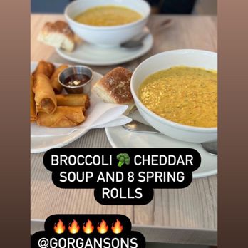 Gorgansons - Broccoli cheddar soup and spring rolls - Vegan Near Me - Pomona, California Gorgansons - Broccoli cheddar soup and spring rolls - Vegan Near Me - Pomona, California