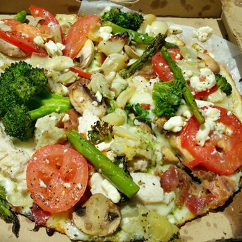 MOD Pizza - This is a chicken, bacon, and roasted veggie creation by me. I always use the pesto sauce as my base. It's really fresh and flavorful. - Fast Food Near Me - Katy, Texas MOD Pizza - This is a chicken, bacon, and roasted veggie creation by me. I always use the pesto sauce as my base. It's really fresh and flavorful. - Fast Food Near Me - Katy, Texas