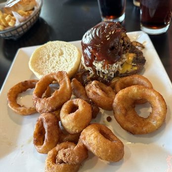 Main Street Grille - BBQ Burger with Onion Rings - Pubs Near Me - Greenwood, Indiana Main Street Grille - BBQ Burger with Onion Rings - Pubs Near Me - Greenwood, Indiana