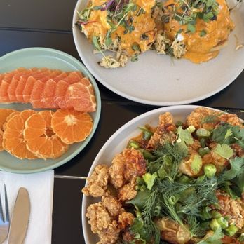 The Pantry - Crab Benedict with side of sliced fruit( oranges) Chicken and waffles - Breakfast & Brunch Near Me - Roseville, California The Pantry - Crab Benedict with side of sliced fruit( oranges) Chicken and waffles - Breakfast & Brunch Near Me - Roseville, California