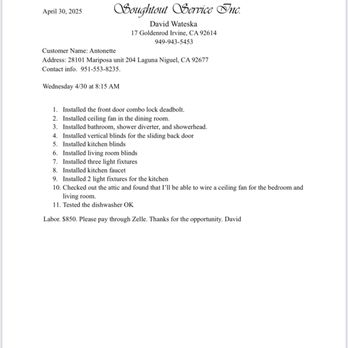 Soughtout Service - He REPLACED items and NOT installed. It should have not taken him 10 hours! Be honest! - Handyman Near Me