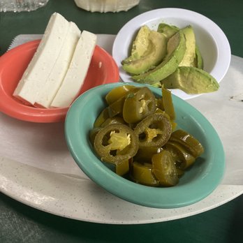 Taqueria El Sol de Mexico #2 - Side of queso fresco, avocado and jalapeños (we asked for fresh not pickled) - Mexican Near Me - Houston, Texas Taqueria El Sol de Mexico #2 - Side of queso fresco, avocado and jalapeños (we asked for fresh not pickled) - Mexican Near Me - Houston, Texas