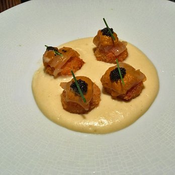 Akira Back - Truffle "Bomb" Croquettes (marinated sweet shrimp croquettes, topped with sea urchin & caviar, on a bed of potato purée foam) - GET THIS! - Japanese Near Me - Toronto, Ontario Akira Back - Truffle "Bomb" Croquettes (marinated sweet shrimp croquettes, topped with sea urchin & caviar, on a bed of potato purée foam) - GET THIS! - Japanese Near Me - Toronto, Ontario