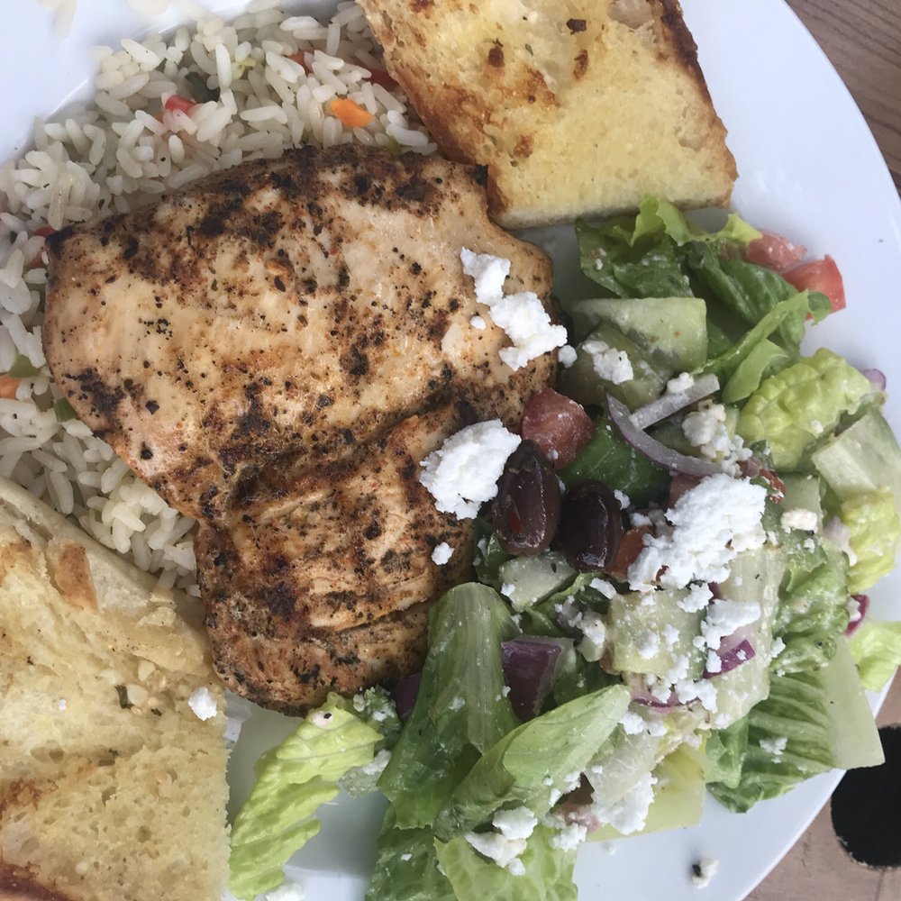 Jake's On Main - Grilled Chicken Breast with Garlic bread and Greek Salad - Pubs Near Me - Unionville, Ontario