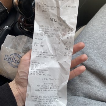 Baker's Drive-Thru - Receipt with the time we ordered food. Please address this. - Burgers Near Me - Riverside, California