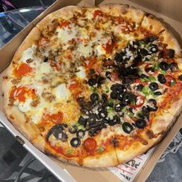Half House Special Pizza/half Eggplant Parmigiana pizza