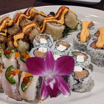 Akari Sushi - Godzilla roll, mt. Figi roll, spicy tuna roll, salmon cream cheese roll. - Japanese Near Me - Fernandina Beach, Florida
