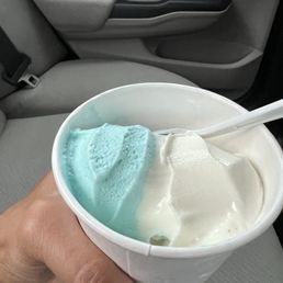 Blueberry and Vanilla soft serve ice cream in a cup. Forgot to snap a pic when it was fresh, it was so good! Blueberry and Vanilla soft serve ice cream in a cup. Forgot to snap a pic when it was fresh, it was so good!