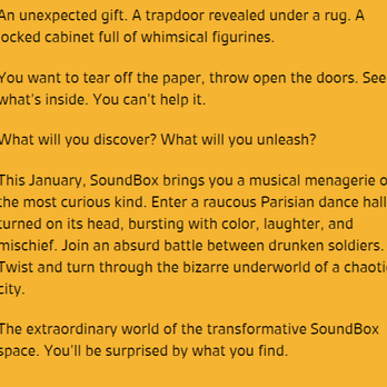 SoundBox - Read this description. It was basic symphony music and the audience was silent. Setting false expectations is not wise marketing - Music Venues Near Me - San Francisco, California SoundBox - Read this description. It was basic symphony music and the audience was silent. Setting false expectations is not wise marketing - Music Venues Near Me - San Francisco, California