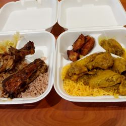Island Pan - Curry chicken on yellow rice with plantains (right). Jerk chicken on brown rice with Jamaican peas and cabbage (left)
