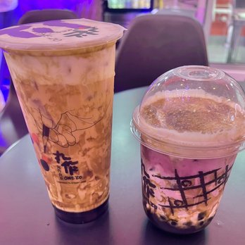 One Zo Boba - Duluth - L: Dirty Cream Mousse Thai Tea Latte ($6.75) R: Dirty Flaming Ube Milk ($6.50) - Bubble Tea Near Me - Duluth, Georgia