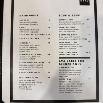 Haru - Dinner Main, Dinner Specialties, Soups and Stews - Menu 12/2/25 - Korean Near Me - Madison, Alabama Haru - Dinner Main, Dinner Specialties, Soups and Stews - Menu 12/2/25 - Korean Near Me - Madison, Alabama
