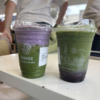 Binge Coffee House - Ube matcha (left) and blueberry matcha (right) - Vietnamese Near Me - Berkeley, California Binge Coffee House - Ube matcha (left) and blueberry matcha (right) - Vietnamese Near Me - Berkeley, California