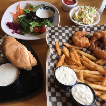CJ's Beach House - This is half of Fish and chips and half of a blue cheeseburger. The food here is delicious. The prices are very good. Beautiful view - Seafood Near Me - Blaine, Washington