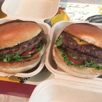 Calibur - One  single and one double burger . So big! Nice shiny bun. Real beef meat patty cooked medium well. - Burgers Near Me - San Francisco, California