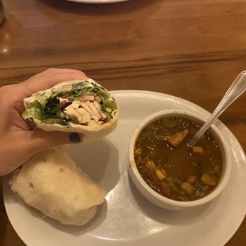 Brownstone Cafe - Mediterranean Wrap with side soup of the day (chili lime chicken) - Cafes Near Me - Antigonish, Nova Scotia