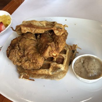 Dame's Chicken & Waffles - a quoted buttercup with vanilla almond smear & side of fruits! - Southern Near Me - Durham, North Carolina Dame's Chicken & Waffles - a quoted buttercup with vanilla almond smear & side of fruits! - Southern Near Me - Durham, North Carolina