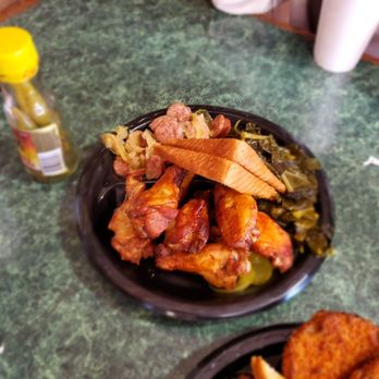 BBQ 65 - 10 wing platter with collards and sausage & cabbage - Barbeque Near Me - Greenville, Alabama