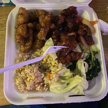 Panda Express - Build Your Own Bigger Plate - 2 Half Sides Orange Chicken and Beijing Beef with fries rice and greens - Chinese Near Me - Visalia, California