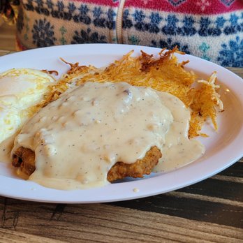 Tapia’s Red Cabin Restaurant - Chicken fried steak and eggs over medium that the wife ordered. I had a taste of the steak and gravy. Awesome! - Breakfast & Brunch Near Me - Running Springs, California
