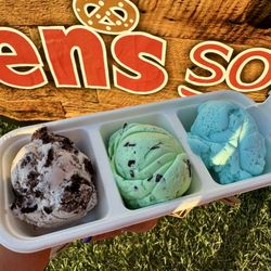 Crown Creamery - Ice Cream Flight: Cookies n' Cream, Mint Chocolate Chip, and Blue Moon.