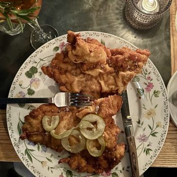 Alpina - Perfect Wiener schnitzel! The pickles are an inspired accoutrement. - Wine Bars Near Me - Greenport, New York Alpina - Perfect Wiener schnitzel! The pickles are an inspired accoutrement. - Wine Bars Near Me - Greenport, New York