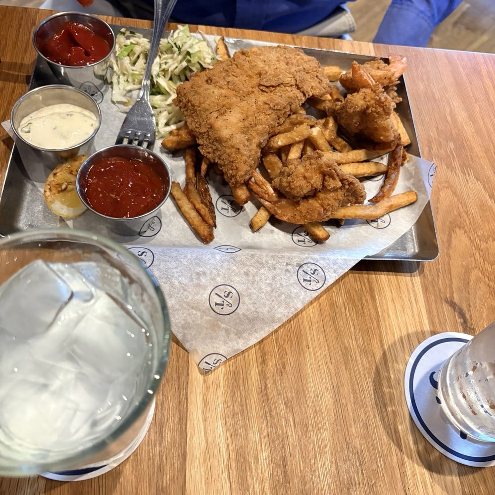 Fried Shrimp and Fish with French Fries.