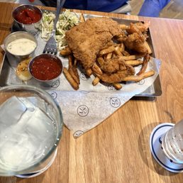 Fried Shrimp and Fish with French Fries.