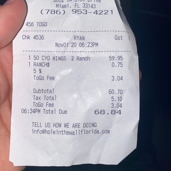 Hole In the Wall - Receipt - Sports Bars Near Me - Miami, Florida Hole In the Wall - Receipt - Sports Bars Near Me - Miami, Florida