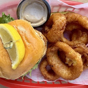 L P Steamers - Blackened chicken sandwich with onion rings and a side of old bay ranch - Seafood Near Me - Baltimore, Maryland