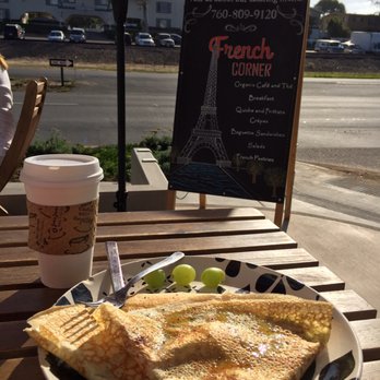 French Corner - La jambon fromage crepe and Cafe Miel on a beautiful sunny morning - Bakeries Near Me - Encinitas, California