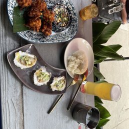 Fritters, grilled oyster and sticky rice Fritters, grilled oyster and sticky rice