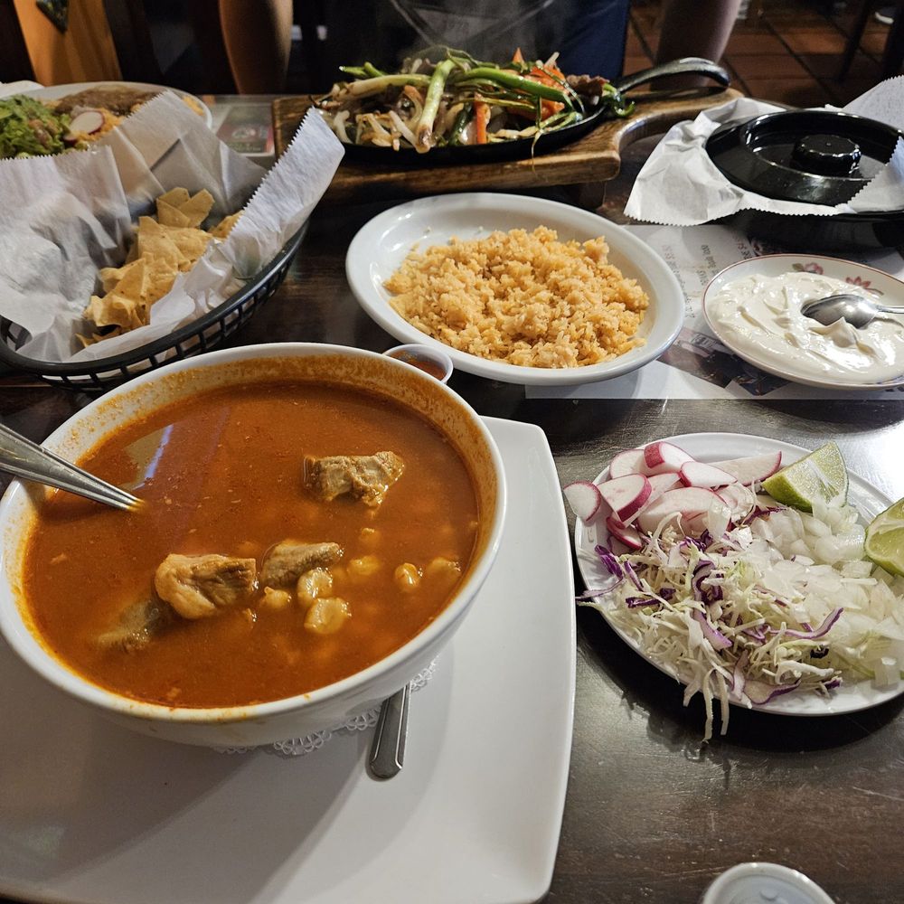 Pozole Rojo, Fajitas, extra rice and sour cream, chips Pozole Rojo, Fajitas, extra rice and sour cream, chips