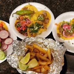 Tacos El Pecas - Dressed Tacos and Fingerling potatoes with Sweet Sautéed Onions