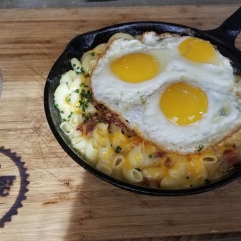Breakfast Republic - Bacon Mac and cheese with eggs. - Breakfast & Brunch Near Me - San Diego, California