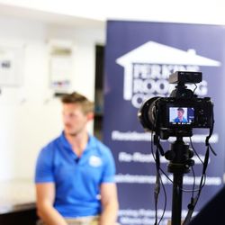 Perkins Roofing - Miami - Vice President, Tim Kanak, filming a commercial for our highest level of certification with Polyglass.