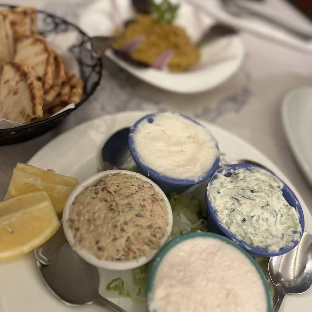 Loukoumi Taverna - Mixed dip - fish roe, eggplant, Tzatziki, mashed potato dip - Greek Near Me - Astoria, New York Loukoumi Taverna - Mixed dip - fish roe, eggplant, Tzatziki, mashed potato dip - Greek Near Me - Astoria, New York