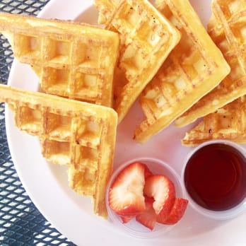Rail Side Cafe - Delicious waffles that were fluffy yet crispy, strawberries, and syrup! - Coffee & Tea Near Me - San Dimas, California Rail Side Cafe - Delicious waffles that were fluffy yet crispy, strawberries, and syrup! - Coffee & Tea Near Me - San Dimas, California