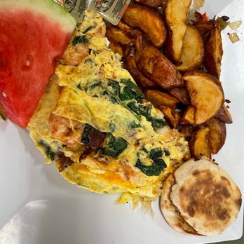 Dune Deck's Mimosa Cafe - Omelette with Spinach, Shrimp, and Bacon - Breakfast & Brunch Near Me - Boynton Beach, Florida Dune Deck's Mimosa Cafe - Omelette with Spinach, Shrimp, and Bacon - Breakfast & Brunch Near Me - Boynton Beach, Florida