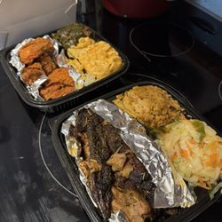 Katie O Soul - Top: fried chicken platter with mac & cheese and collard greens Bottom: baked turkey wings with spicy cornbread stuffing and cabbage