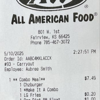 A&W Restaurant - Cheeseburger Combo receipt - Hot Dogs Near Me - Fairview, Kansas