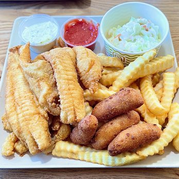 Showmars - Rock Hill - Fried Flounder & Shrimp (hidden under the fish!), with Fries, Hush Pupples and Cole Slaw - Greek Near Me - Rock Hill, South Carolina