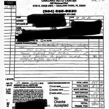 Oakland Auto Center - Receipt - Auto Repair Near Me - Oakland Park, Florida Oakland Auto Center - Receipt - Auto Repair Near Me - Oakland Park, Florida