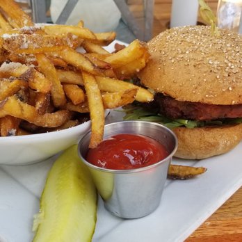 Lower Mills Tavern - Roasted Eggplant & Red Bean Burger with Truffle Fries - Cocktail Bars Near Me - Boston, Massachusetts Lower Mills Tavern - Roasted Eggplant & Red Bean Burger with Truffle Fries - Cocktail Bars Near Me - Boston, Massachusetts