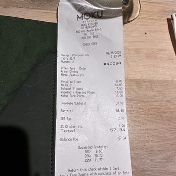Moku Kitchen - Happy Hour receipt for 2, w/ drinks - Feb 2026 - Cocktail Bars Near Me - Honolulu, Hawaii
