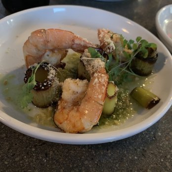 SZND - CHARRED LEEKS Tiger shrimp, ramps, lemongrass oil, Marcona almond...photo by @phil_eatsfood - New American Near Me - Buffalo, New York SZND - CHARRED LEEKS Tiger shrimp, ramps, lemongrass oil, Marcona almond...photo by @phil_eatsfood - New American Near Me - Buffalo, New York