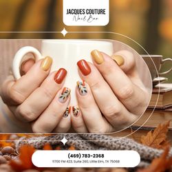 Jacques Couture Nail & Beauty Salon - Basic multi color nails with leaves -- clean, minimal, and full of natural beauty this Thanksgiving season.  Book your classic look now!